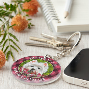 Westie and Pink Flowers Key Ring