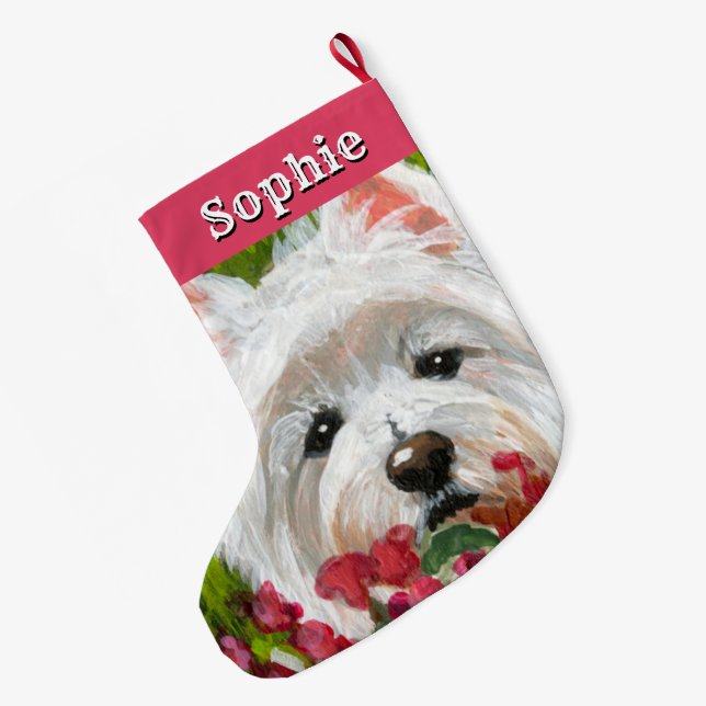Westie and Pink Flowers Large Christmas Stocking (Back (Hanging))