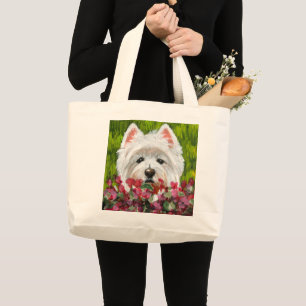 Westie and Pink Flowers Large Tote Bag
