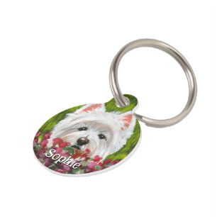 Westie and Pink Flowers Pet Tag