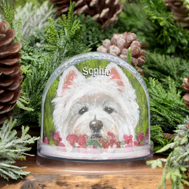 Westie and Pink Flowers Snowglobe (Winter)