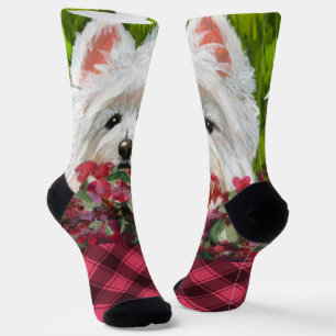 Westie and Pink Flowers Socks