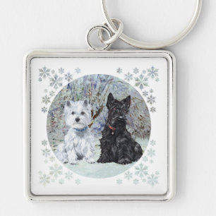 Westie and Scottie in Snowy Landscape Key Ring