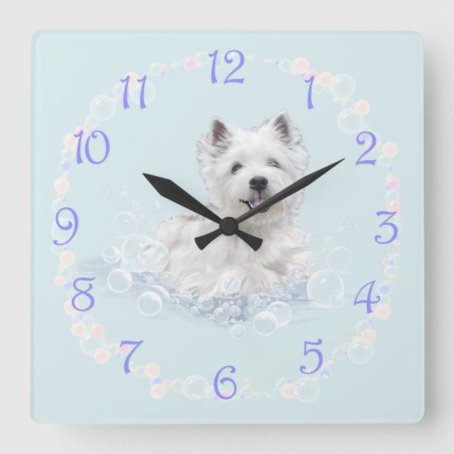 Westie Bath Time Fun Square Wall Clock (Front)