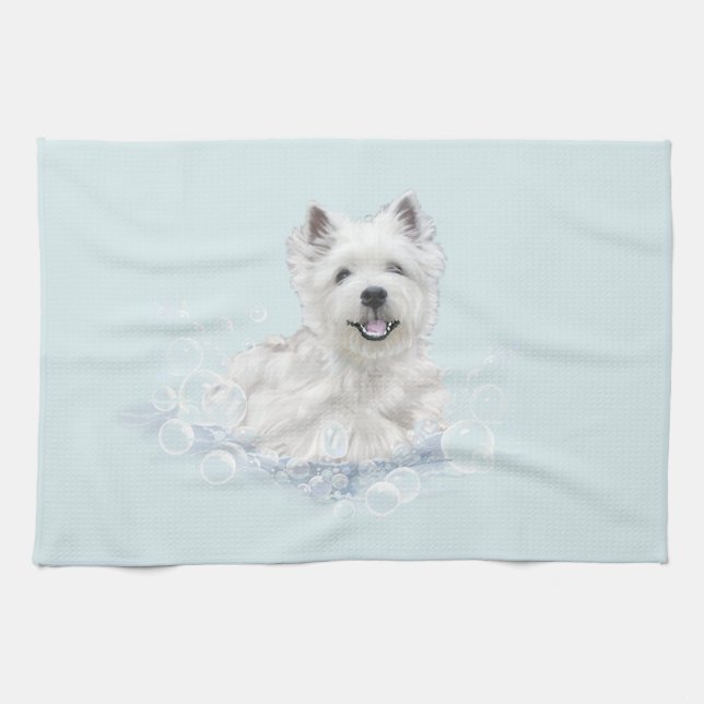 Westie Bath Time Fun Tea Towel (Horizontal)