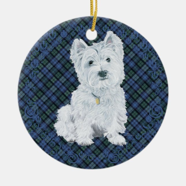 Westie Black Watch Tartan Ceramic Tree Decoration (Front)