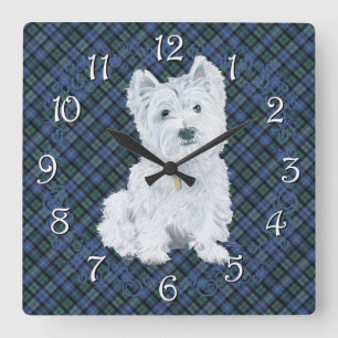 Westie Black Watch Tartan Square Wall Clock
