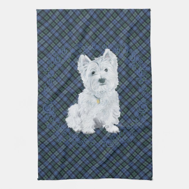 Westie Black Watch Tartan Tea Towel (Vertical)