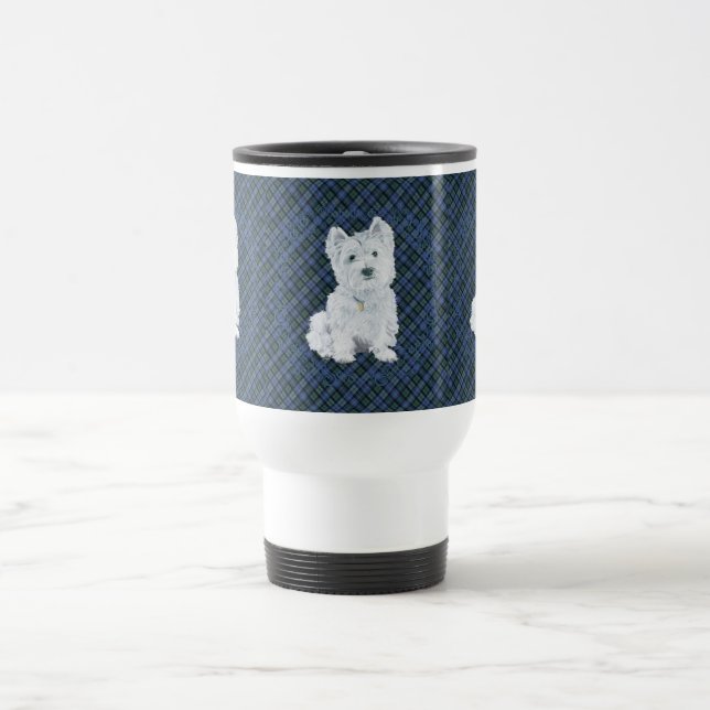Westie Black Watch Tartan Travel Mug (Center)