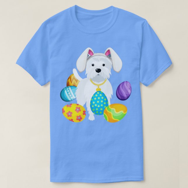 Westie Bunny Rabbit Hat Playing Easter Eggs Happy  T-Shirt (Design Front)
