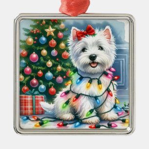 Westie Christmas Lights Holiday Metal Tree Decoration