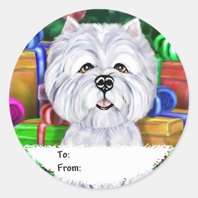 Westie Christmas Open Gifts Gift Tags (Front)