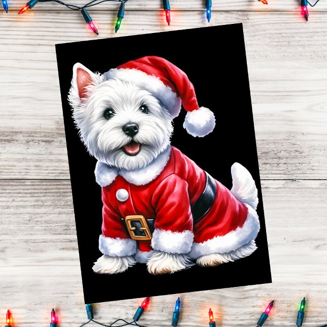 Westie Christmas Santa Suit On Black Holiday Card (Creator Uploaded)