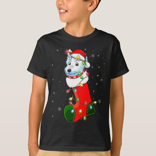 Westie Christmas Tree Westie Santa Hat Lights Xmas T-Shirt (Front)