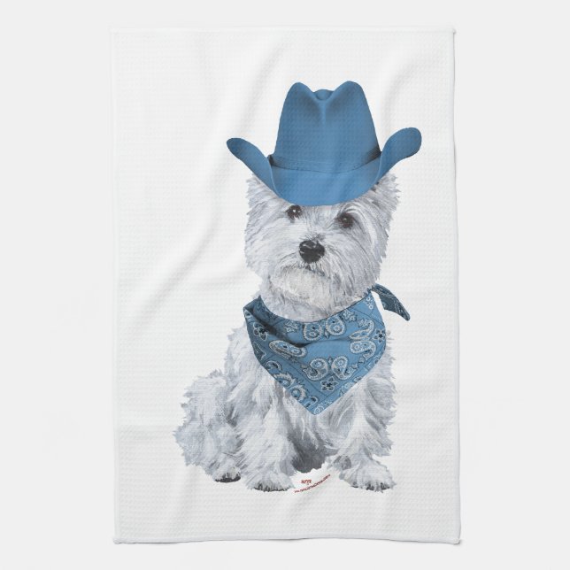 Westie Cowboy in Blue Tea Towel (Vertical)