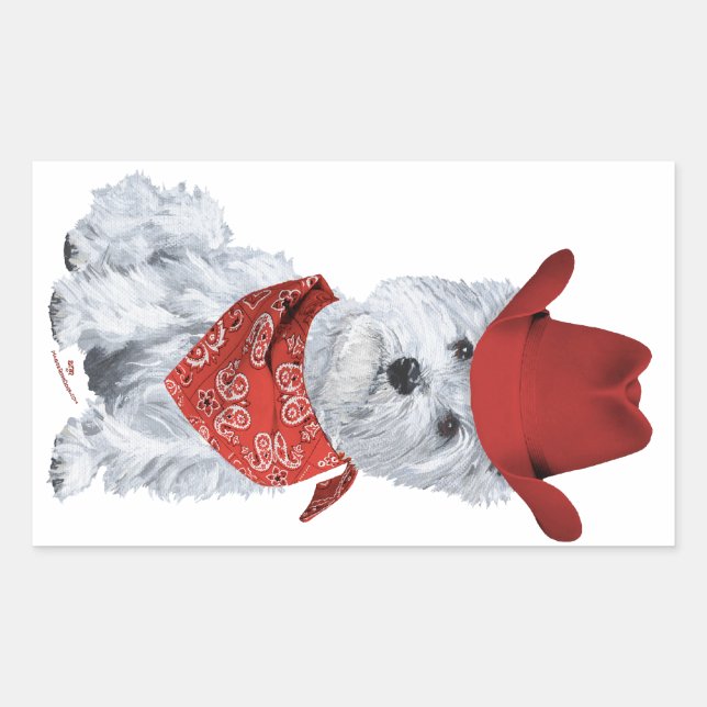 Westie Cowboy in Red Rectangular Sticker (Front)