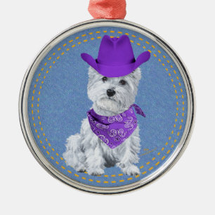 Westie Cowboy on Denim Metal Tree Decoration