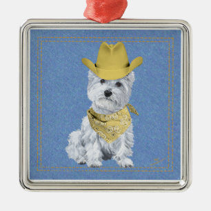 Westie Cowboy on Denim Metal Tree Decoration