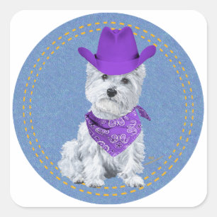 Westie Cowboy on Denim Square Sticker