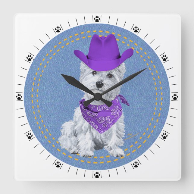Westie Cowboy on Denim Square Wall Clock (Front)