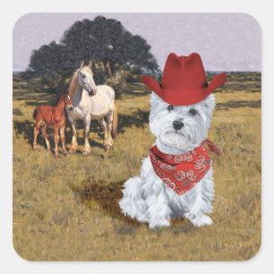 Westie Cowboy with Horses Square Sticker