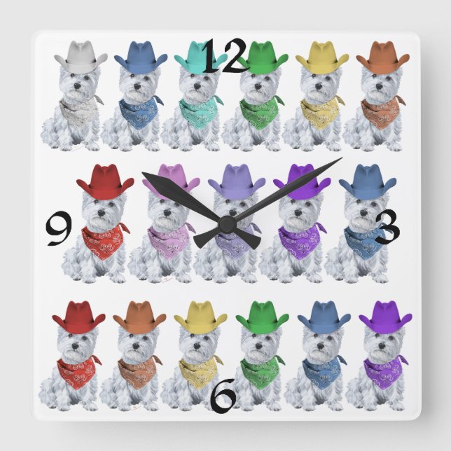 Westie Cowboys All in a Line Square Wall Clock (Front)