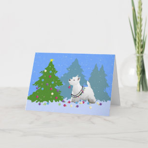 Westie Decorating a Christmas Tree in the Forest Holiday Card