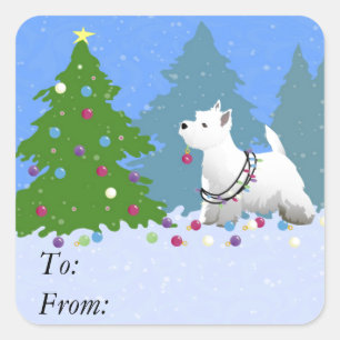 Westie Decorating a Christmas Tree in the Forest Square Sticker