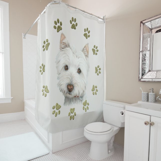 Westie Dog Art and Paws Shower Curtain (In Situ)