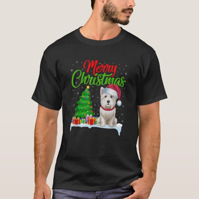 Westie Dog Christmas Tree Lights Funny Xmas Westie T-Shirt (Front)