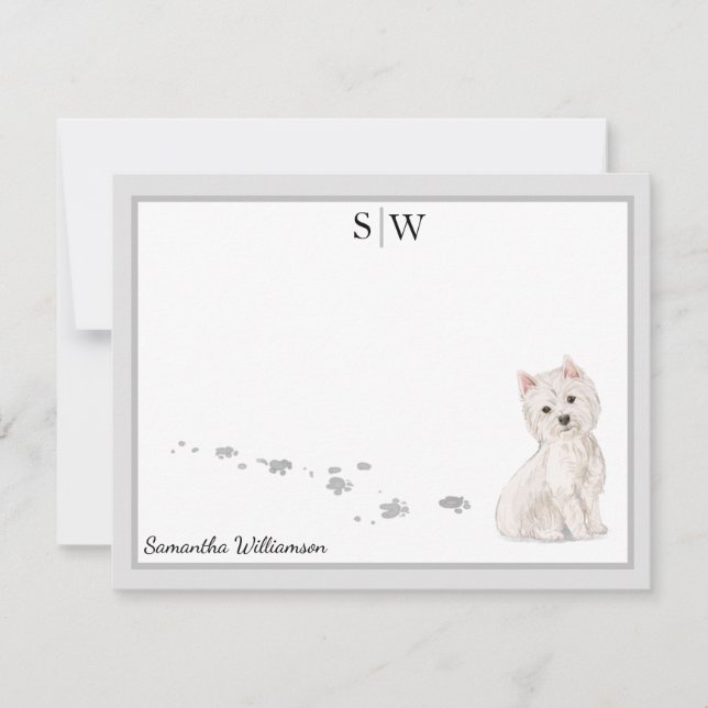 Westie Dog Grey Border Monogram Personalised Card (Front)