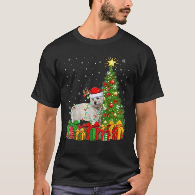 Westie Dog Lighting Xmas Tree Santa Hat Westie Chr T-Shirt (Front)