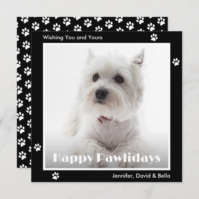 Westie Dog Paw Prints Pet Photo Black Holiday Card (Front/Back)