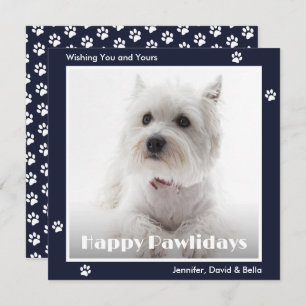 Westie Dog Paw Prints Pet Photo Blue Holiday Card