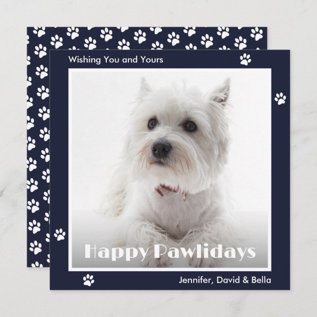 Westie Dog Paw Prints Pet Photo Blue Holiday Card (Front/Back)
