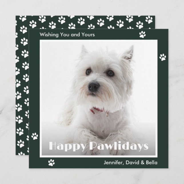 Westie Dog Paw Prints Pet Photo Green Holiday Card (Front/Back)