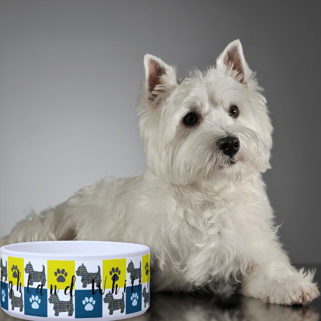 Westie Dog & Paw Yellow & Blue Grid Dog Bowl (West Highland White Terrier Westie dog bowl)
