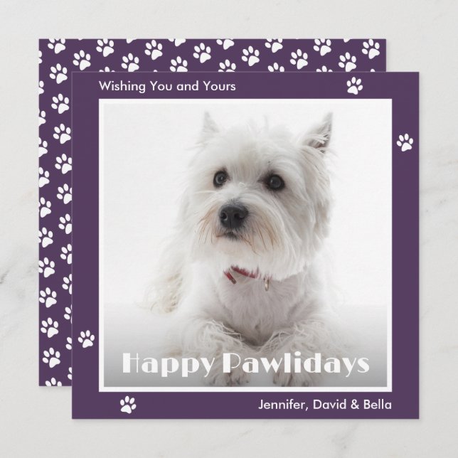 Westie Dog Pet Photo Paw Prints Purple Holiday Card (Front/Back)