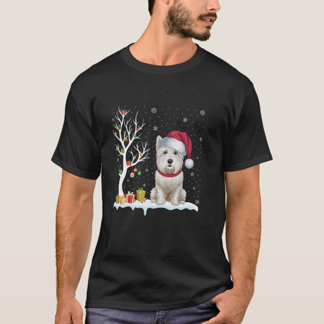 Westie Dog Santa Hat Festive Tree Light Christmas  T-Shirt (Front)