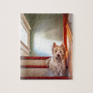 Westie Dog Sitting on the Stairs, Vintage Look Jigsaw Puzzle