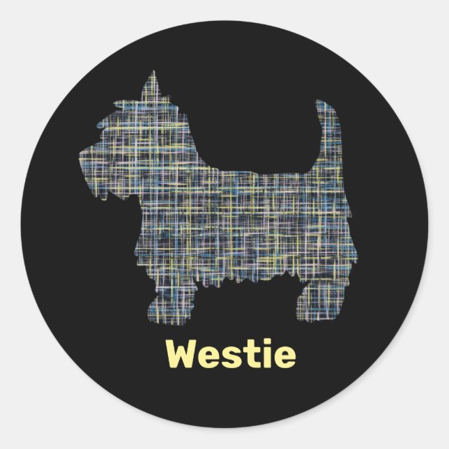 Westie Dog Yellow & Blue Grid Lines Abstract Classic Round Sticker (Front)