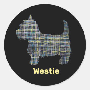 Westie Dog Yellow & Blue Grid Lines Abstract Classic Round Sticker