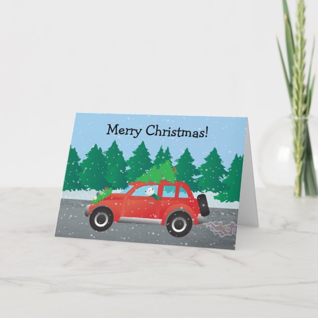 Westie Driving Christmas Car with tree on top Holiday Card (Front)