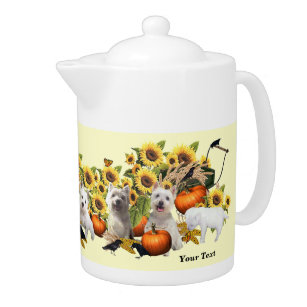 Westie Fall Harvest Design Porcelain Teapot 44 oz