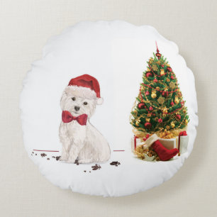 Westie Funny Christmas Dog with Tree Round Cushion