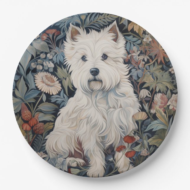 Westie Garden Tapestry in William Morris Style Paper Plate (Front)