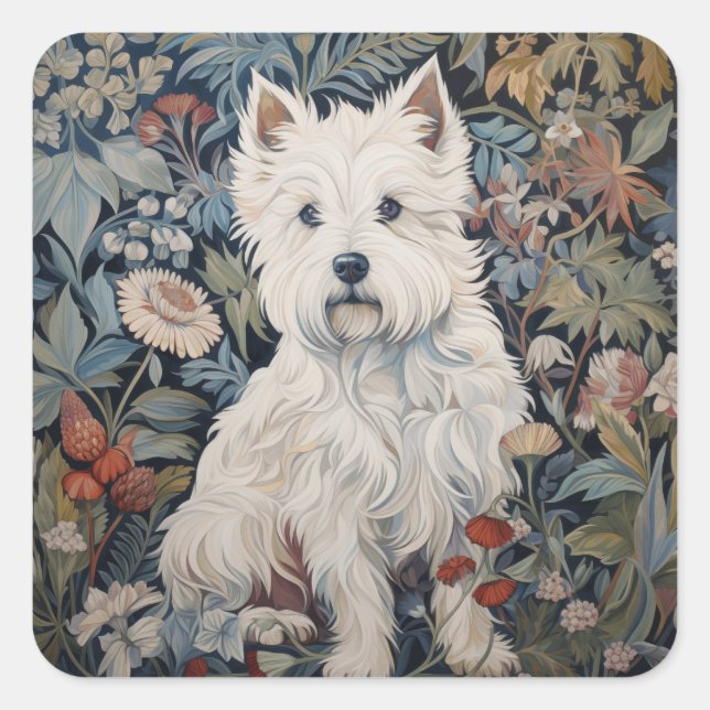 Westie Garden Tapestry in William Morris Style Square Sticker (Front)
