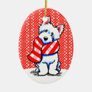 Westie Happy Plaid Scarf Winter Ceramic Tree Decoration
