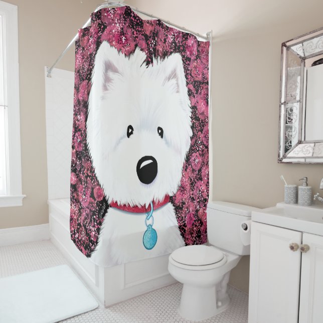 Westie Impressions Floral Shower Curtain (In Situ)