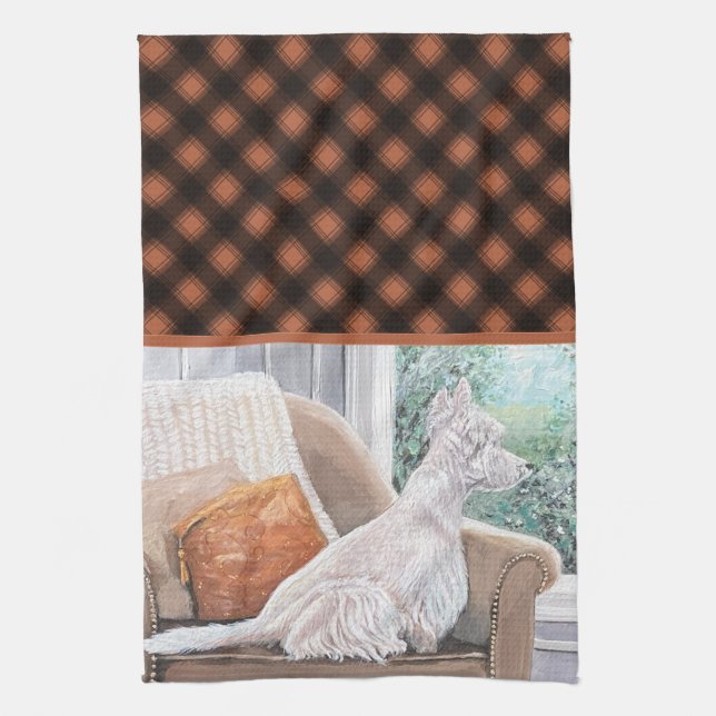 Westie Looking Out a Window Tea Towel (Vertical)